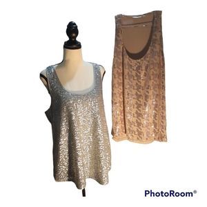 🎀 TWO Tank Tops, Silver Sequin Gap Sz L, Beige Sz M, Lot, Bundle